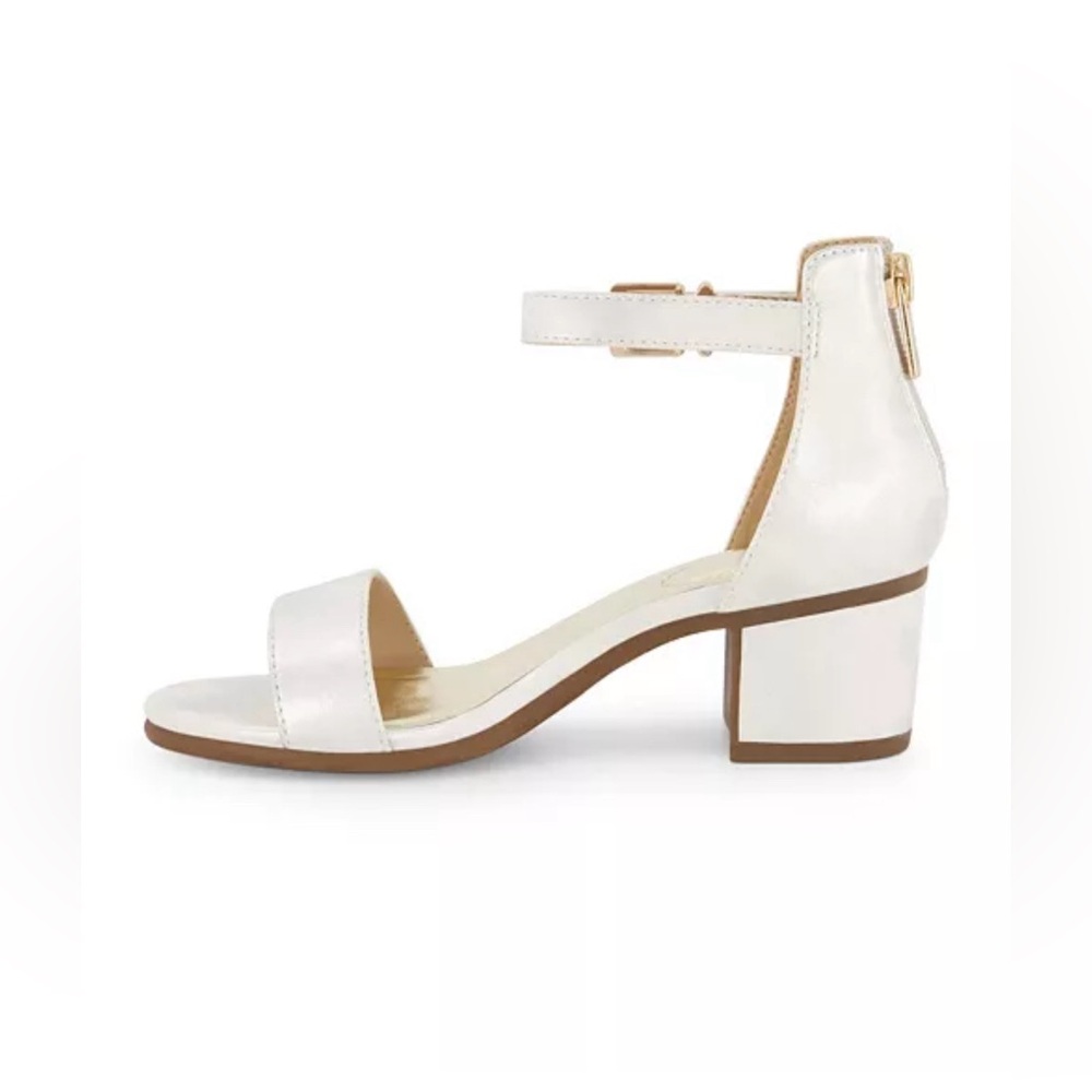 French Blu White Leather Block Heel Sandals
